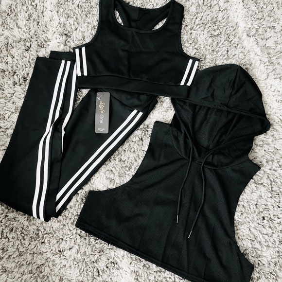 Black Striped Legging Bra Crop Top 3PC Active Set - Picture 2 of 9